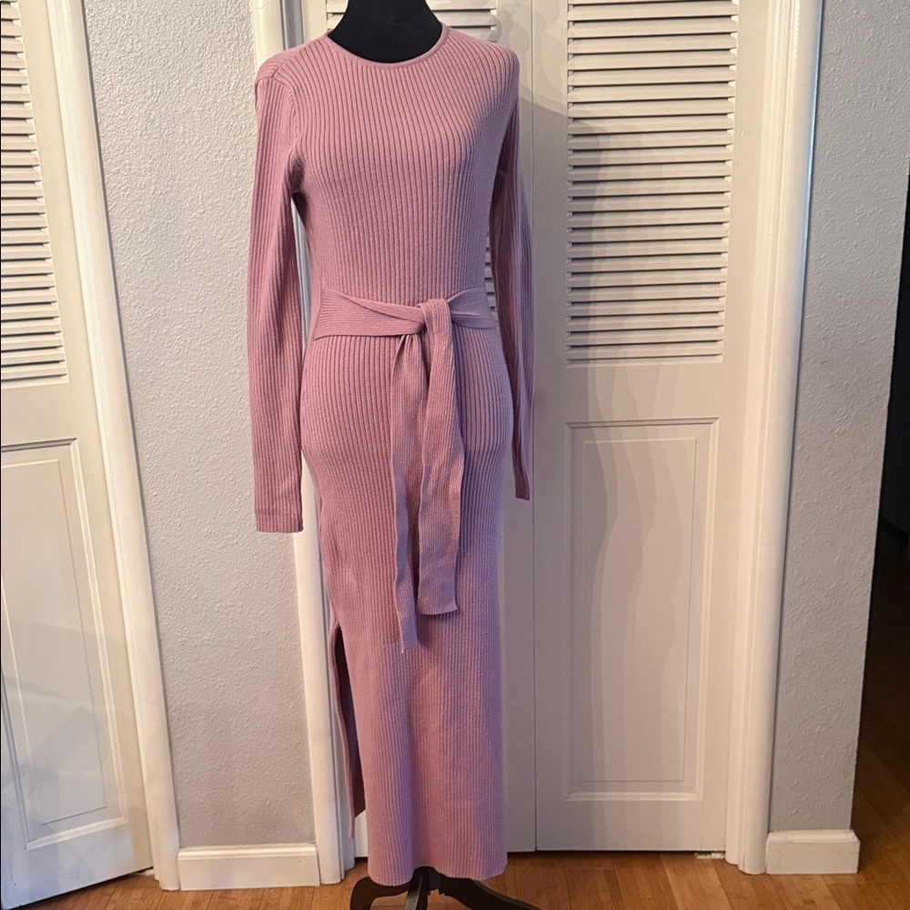 Amazon Pink Ribbed Knit Tie-Waist Midi Dress